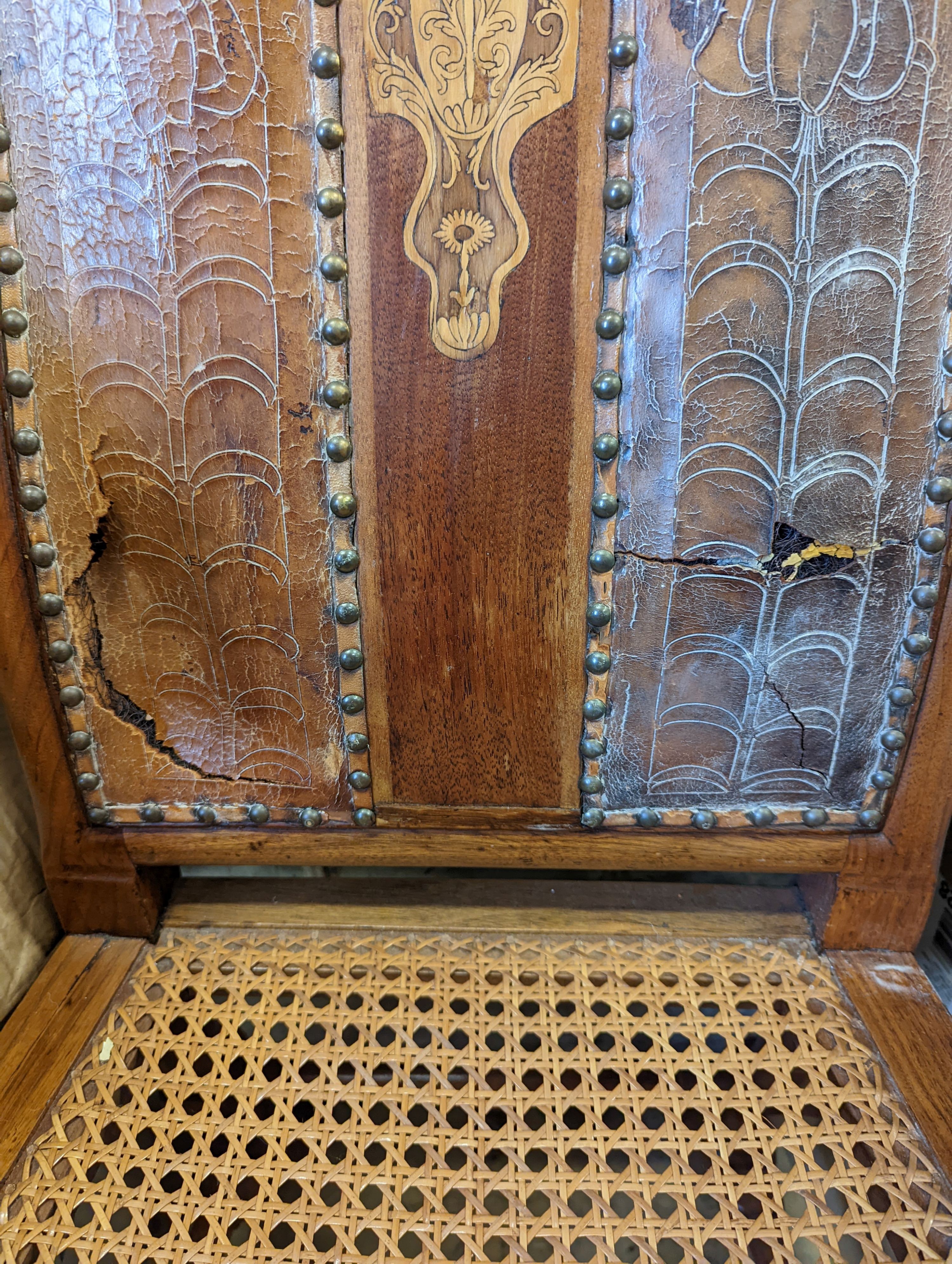 A pair of Dutch marquetry inlaid cane seat walnut dining chairs